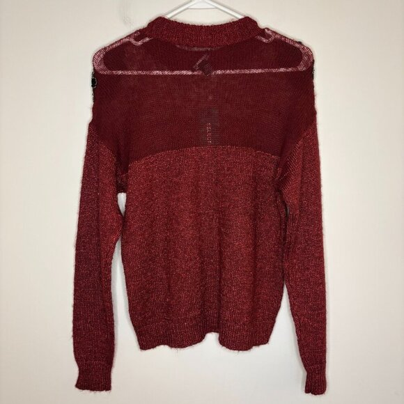 SELECTION NEW Mock Neck Sweater Womens M Red Metallic Knit Applique Beads Sheer - Picture 2 of 7